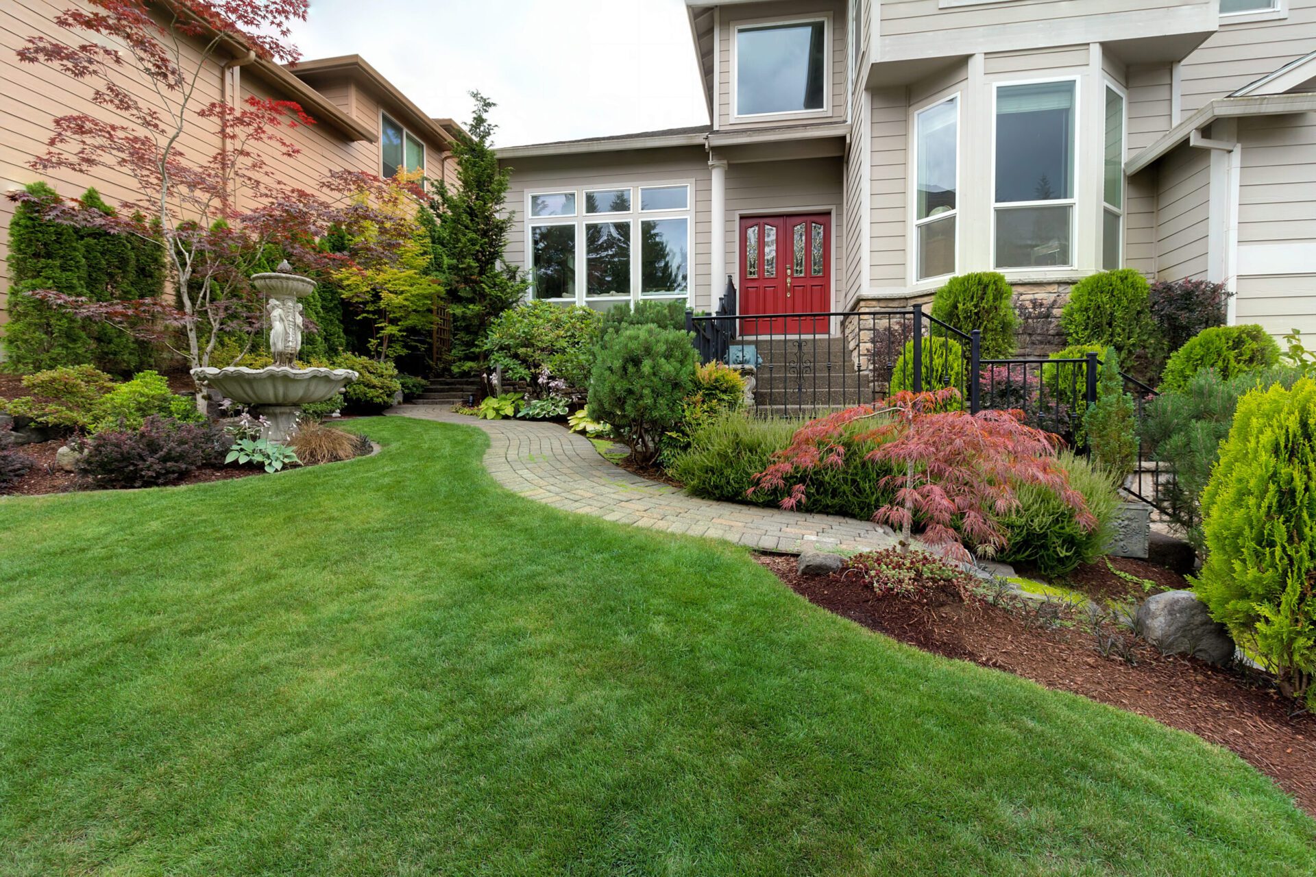 Frontyard of House with Water Fountain